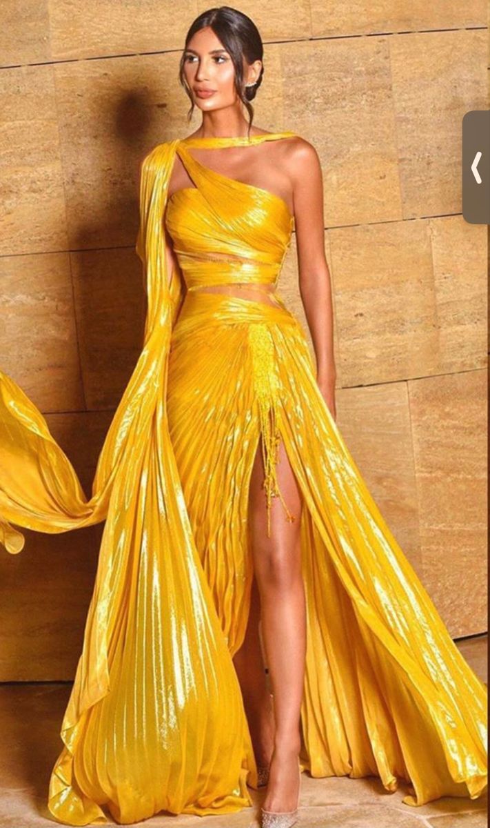 Chic Mermaid One Shoulder Yellow Satin Ruffles Slit Long Prom Dresses 20th Birthday Outfits Prom Gown RB1581