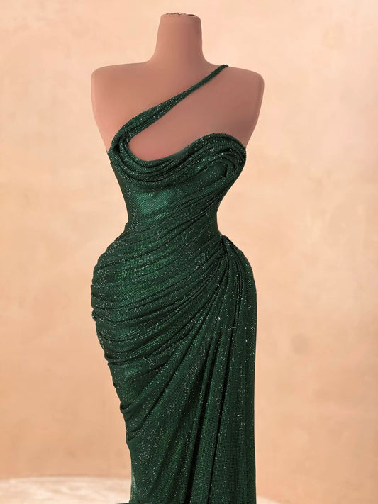 Chic Mermaid One Shoulder Dark Green Ruffles Sequin Long Prom Dresses 20th Birthday Outfits Prom Gown RB1583