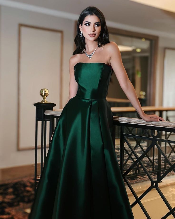 Modest A Line Strapless Dark Green Satin Long Prom Dresses Impress 22th Birthday Outfits Prom Gowns RB1584