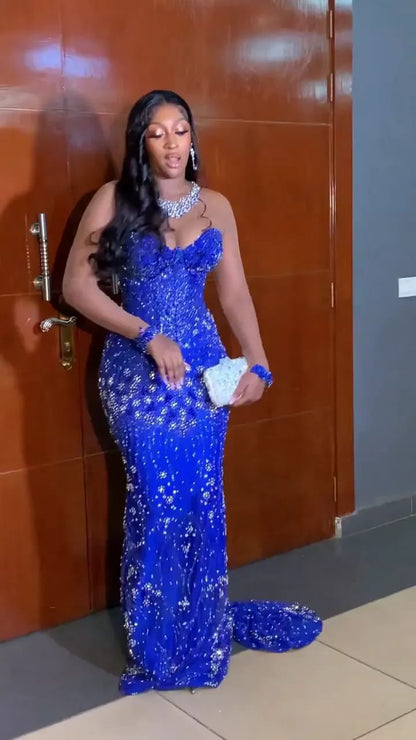 Elegant Mermaid Sweetheart Royal Blue Silver Beaded Sequin Long Prom Dresses 22th Birthday Outfits Prom Gown RB1589
