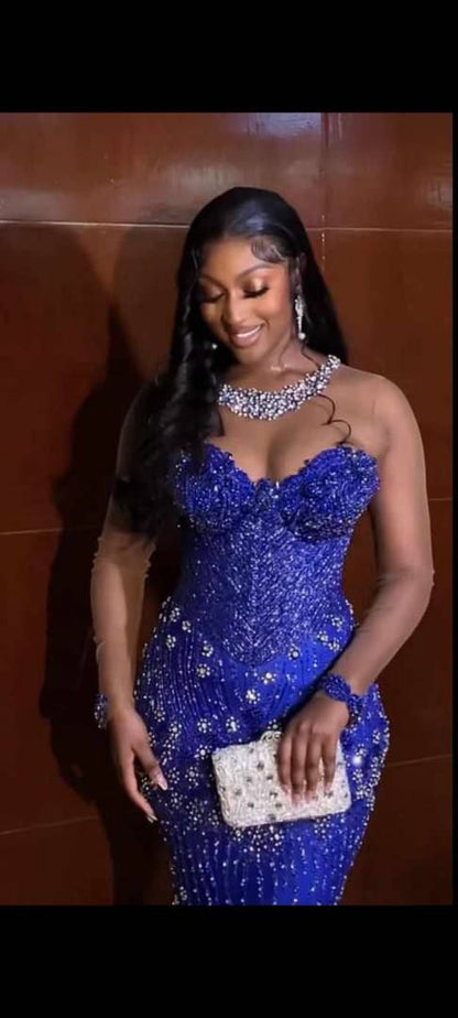 Elegant Mermaid Sweetheart Royal Blue Silver Beaded Sequin Long Prom Dresses 22th Birthday Outfits Prom Gown RB1589