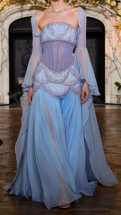 Modest Mermaid Strapless Blue Chiffon Beaded Long Prom Dresses For Teens Formal Dress 20th Birthday Outfits Prom Gown RB1595