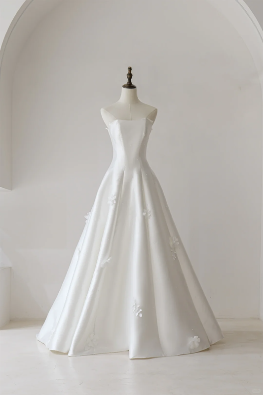 Stunning Ball Gown Strapless Fitted Corset Satin Wedding Dress Long Bridal Gown White Wedding Gowns RB1595