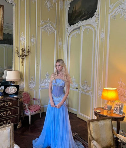 Modest Mermaid Strapless Blue Chiffon Beaded Long Prom Dresses For Teens Formal Dress 20th Birthday Outfits Prom Gown RB1595