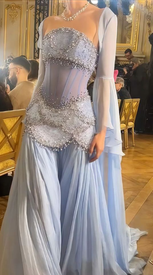Modest Mermaid Strapless Blue Chiffon Beaded Long Prom Dresses For Teens Formal Dress 20th Birthday Outfits Prom Gown RB1595