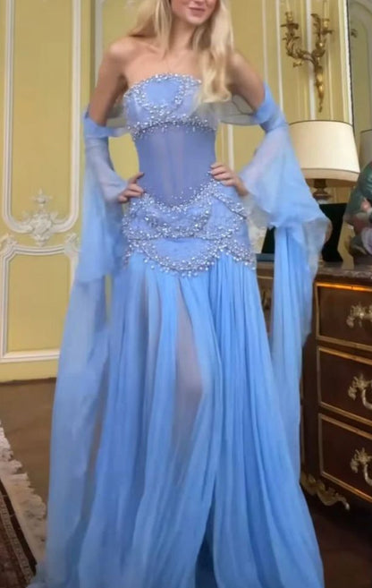 Modest Mermaid Strapless Blue Chiffon Beaded Long Prom Dresses For Teens Formal Dress 20th Birthday Outfits Prom Gown RB1595