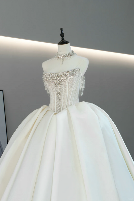 Stunning Ball Gown Strapless Fitted Corset Satin Wedding Dress Long Bridal Gown White Wedding Gowns RB1597