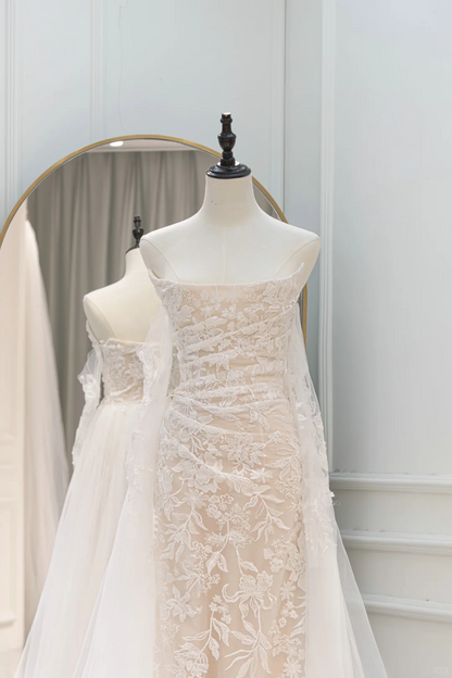 Romantic Mermaid Strapless Lace Fitted Corset Long Wedding Dress Long Bridal Gown Wedding Dresses RB1598