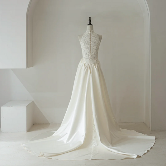 Simple A Line High Neck Sleeveless Lace Fitted Long Wedding Dress Bridal Gown Wedding Dresses RB1599