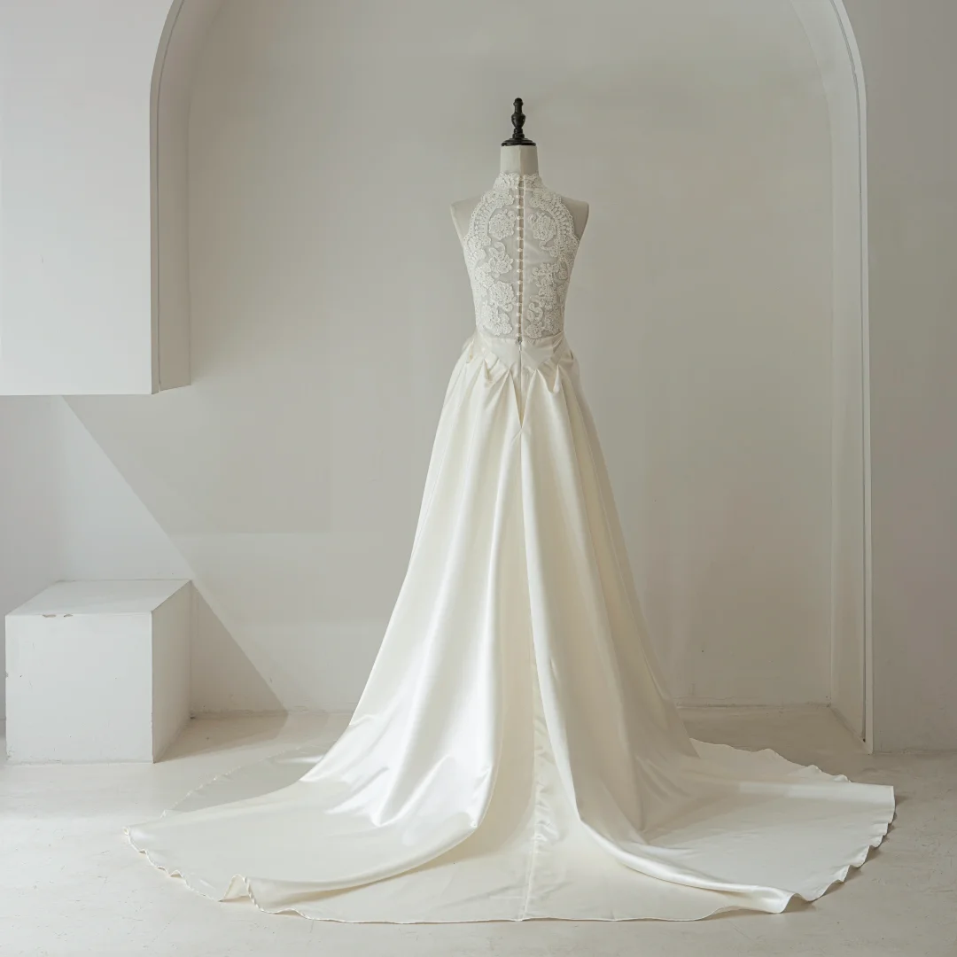 Simple A Line High Neck Sleeveless Lace Fitted Long Wedding Dress Bridal Gown Wedding Dresses RB1599