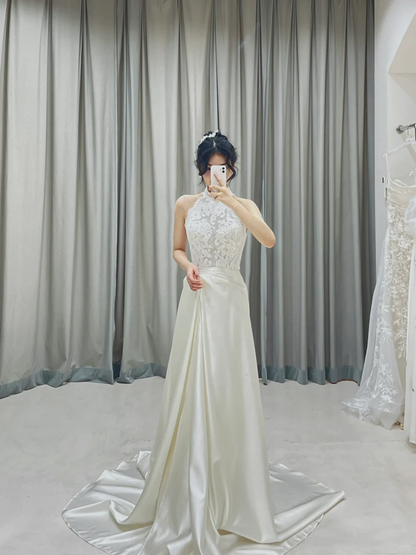 Simple A Line High Neck Sleeveless Lace Fitted Long Wedding Dress Bridal Gown Wedding Dresses RB1599