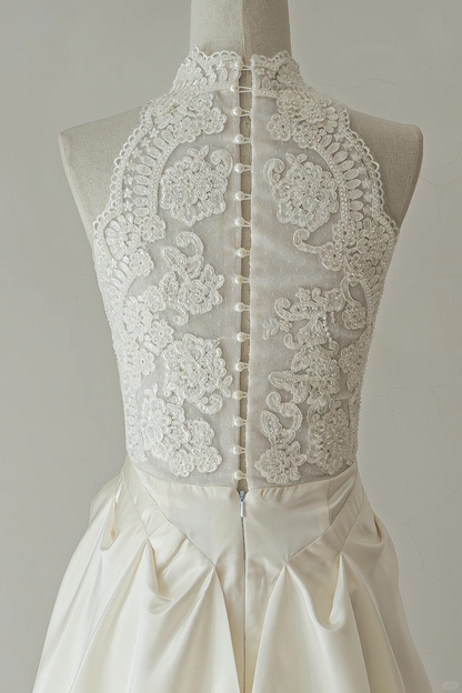 Simple A Line High Neck Sleeveless Lace Fitted Long Wedding Dress Bridal Gown Wedding Dresses RB1599