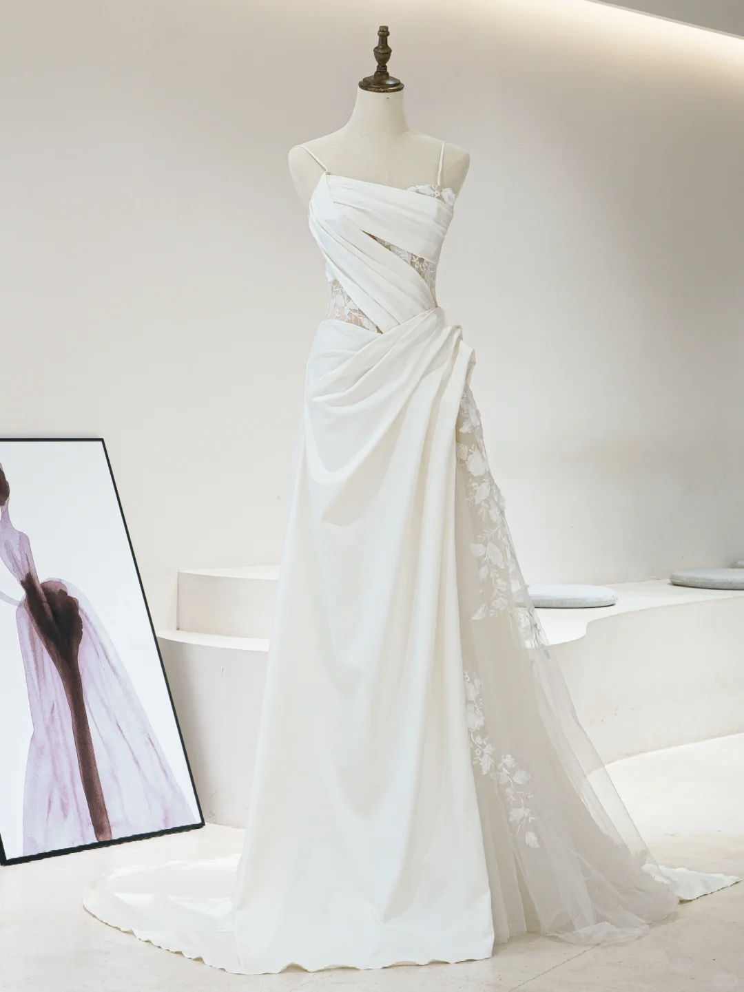 Timeless Mermaid Spaghetti Straps White Satin Pleated Wedding Dress Long Bridal Gown Wedding Dresses RB1600