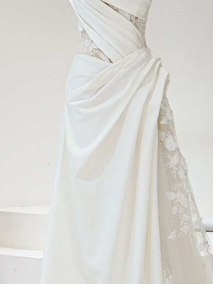 Timeless Mermaid Spaghetti Straps White Satin Pleated Wedding Dress Long Bridal Gown Wedding Dresses RB1600