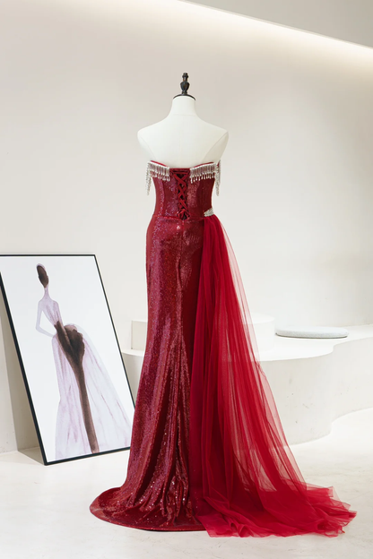 Modest Mermaid Strapless Burgundy Sequin Beaded Long Prom Dresses For Teens Formal Dress 20th Birthday Outfits Prom Gown RB1602