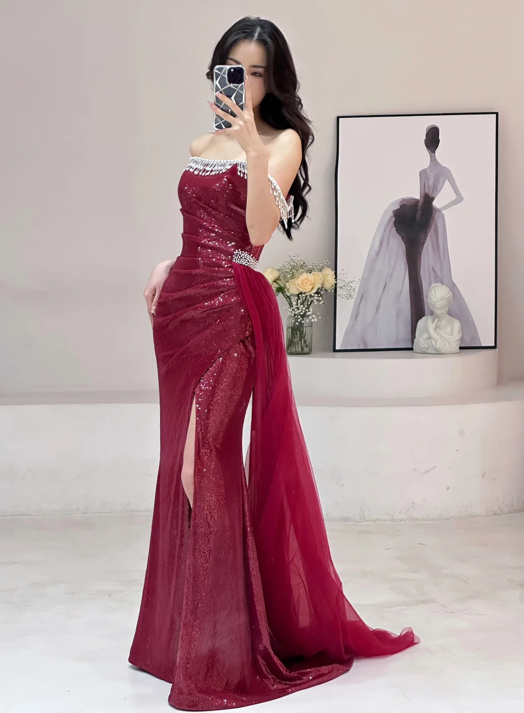 Modest Mermaid Strapless Burgundy Sequin Beaded Long Prom Dresses For Teens Formal Dress 20th Birthday Outfits Prom Gown RB1602