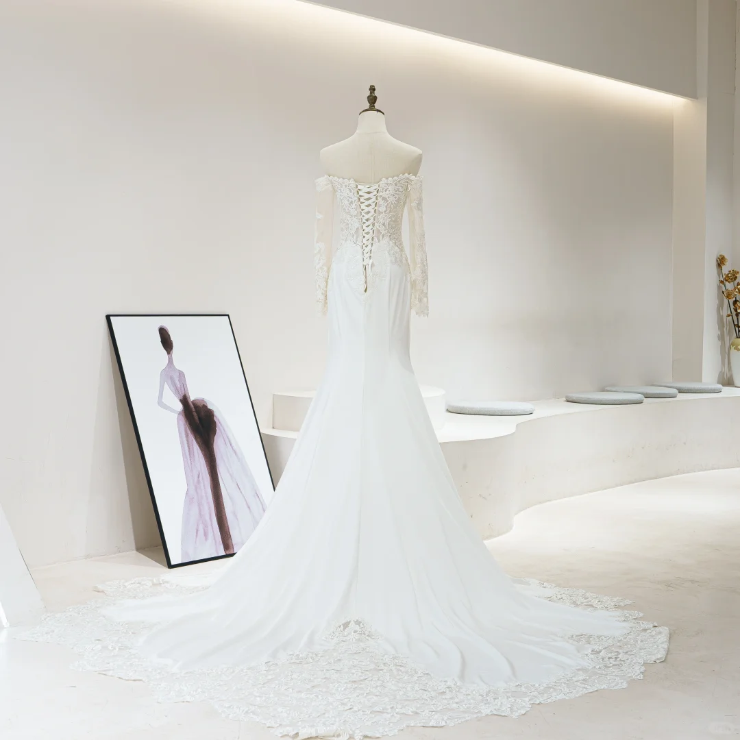 Pretty Mermaid Off The Shoulder Fitted Corset Long Sleeves White Lace Wedding Dress Long Bridal Gown Wedding Dresses RB1604