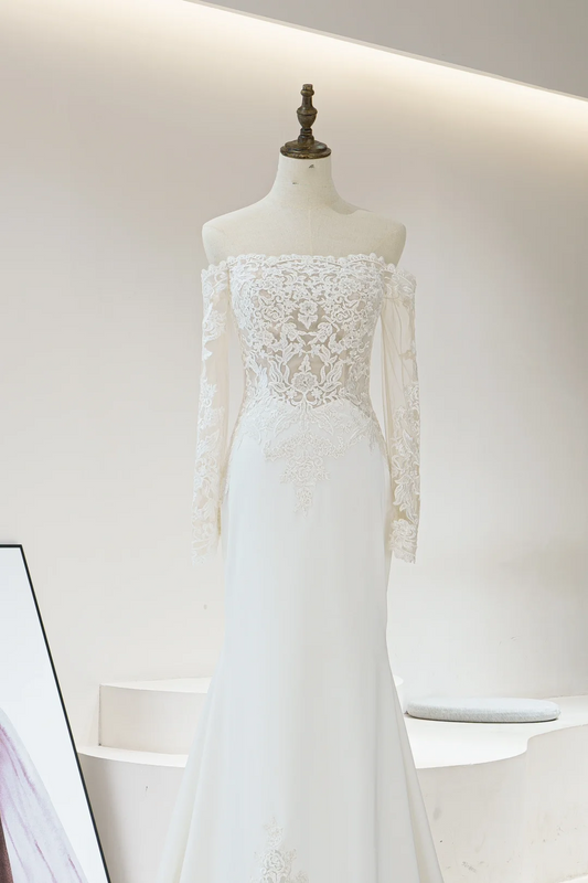 Pretty Mermaid Off The Shoulder Fitted Corset Long Sleeves White Lace Wedding Dress Long Bridal Gown Wedding Dresses RB1604