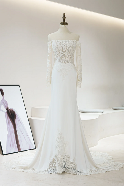 Pretty Mermaid Off The Shoulder Fitted Corset Long Sleeves White Lace Wedding Dress Long Bridal Gown Wedding Dresses RB1604