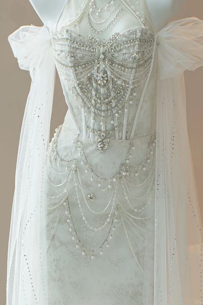Timeless Mermaid High Neck White Lace Beaded Wedding Dress Long Bridal Gown Wedding Dresses RB1609