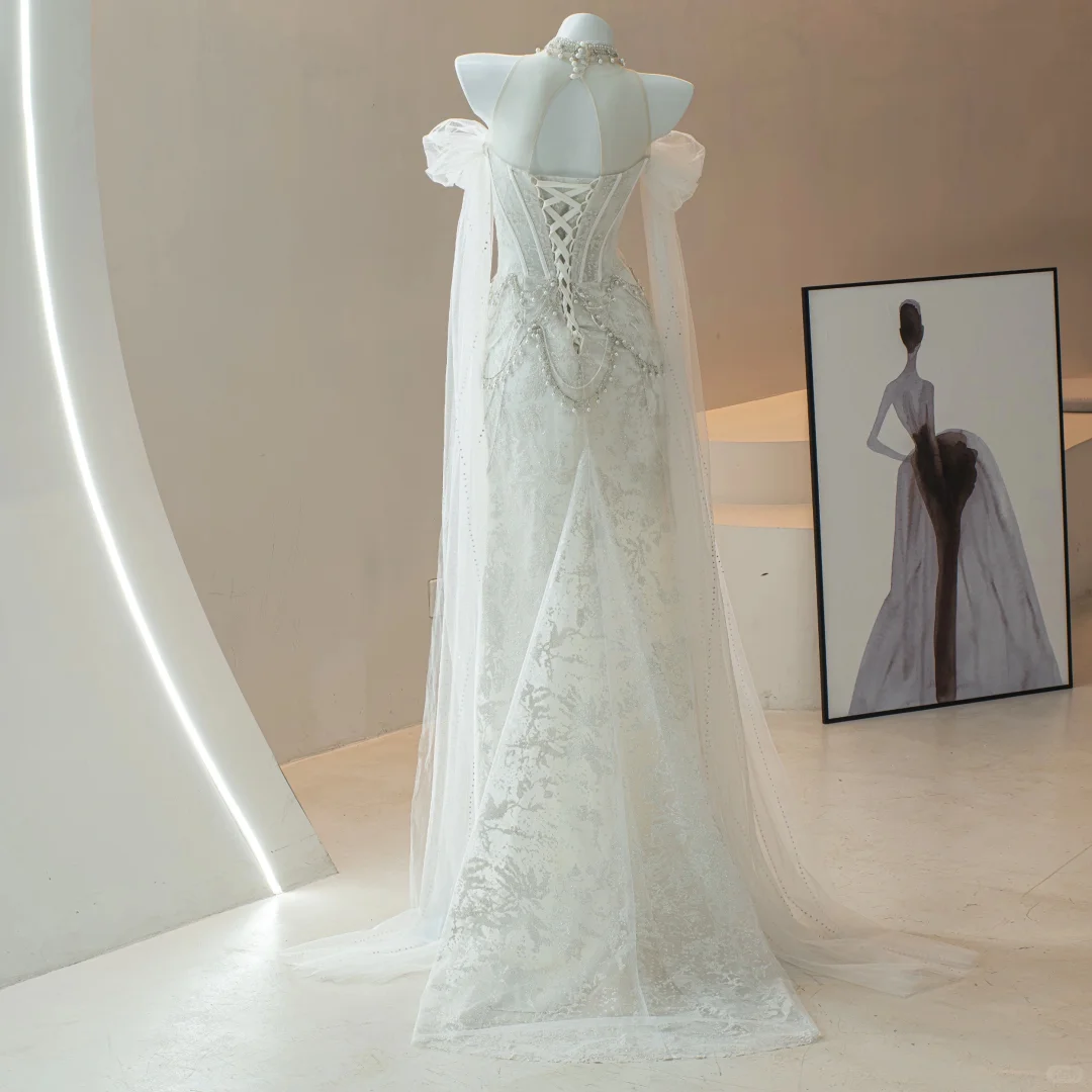 Timeless Mermaid High Neck White Lace Beaded Wedding Dress Long Bridal Gown Wedding Dresses RB1609