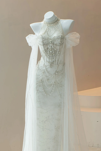 Timeless Mermaid High Neck White Lace Beaded Wedding Dress Long Bridal Gown Wedding Dresses RB1609