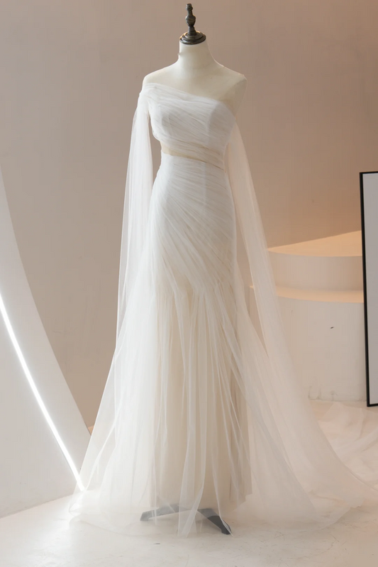 Stunning Mermaid Scoop White Tulle Fitted Wedding Dress Long Bridal Gown Wedding Gowns RB1610