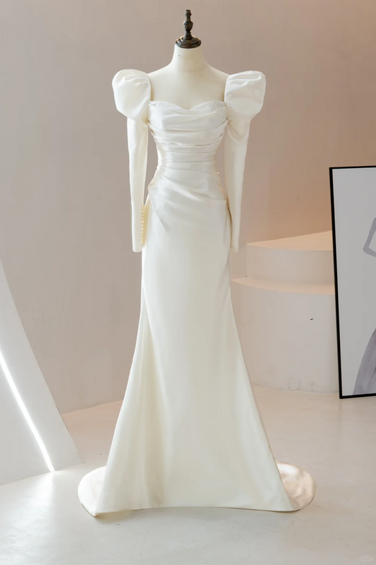 Simple Mermaid Square Neck White Long Sleeve Fitted Wedding Dress Bridal Gown Wedding Gowns RB1611