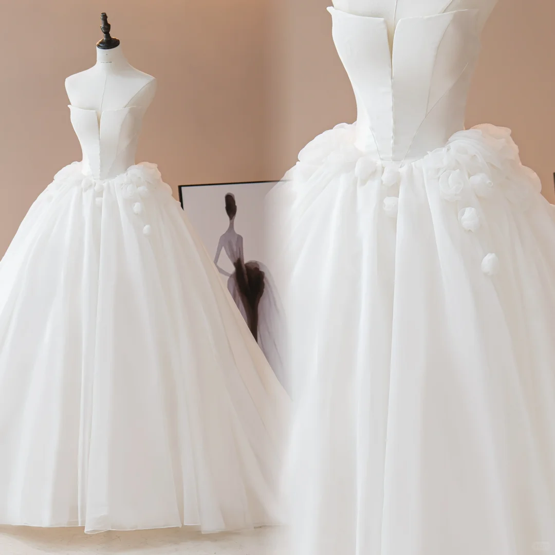 Princess Ball Gown Strapless Sleeveless Tulle Fitted Long Wedding Dress Bridal Gown White Wedding Dresses RB1608