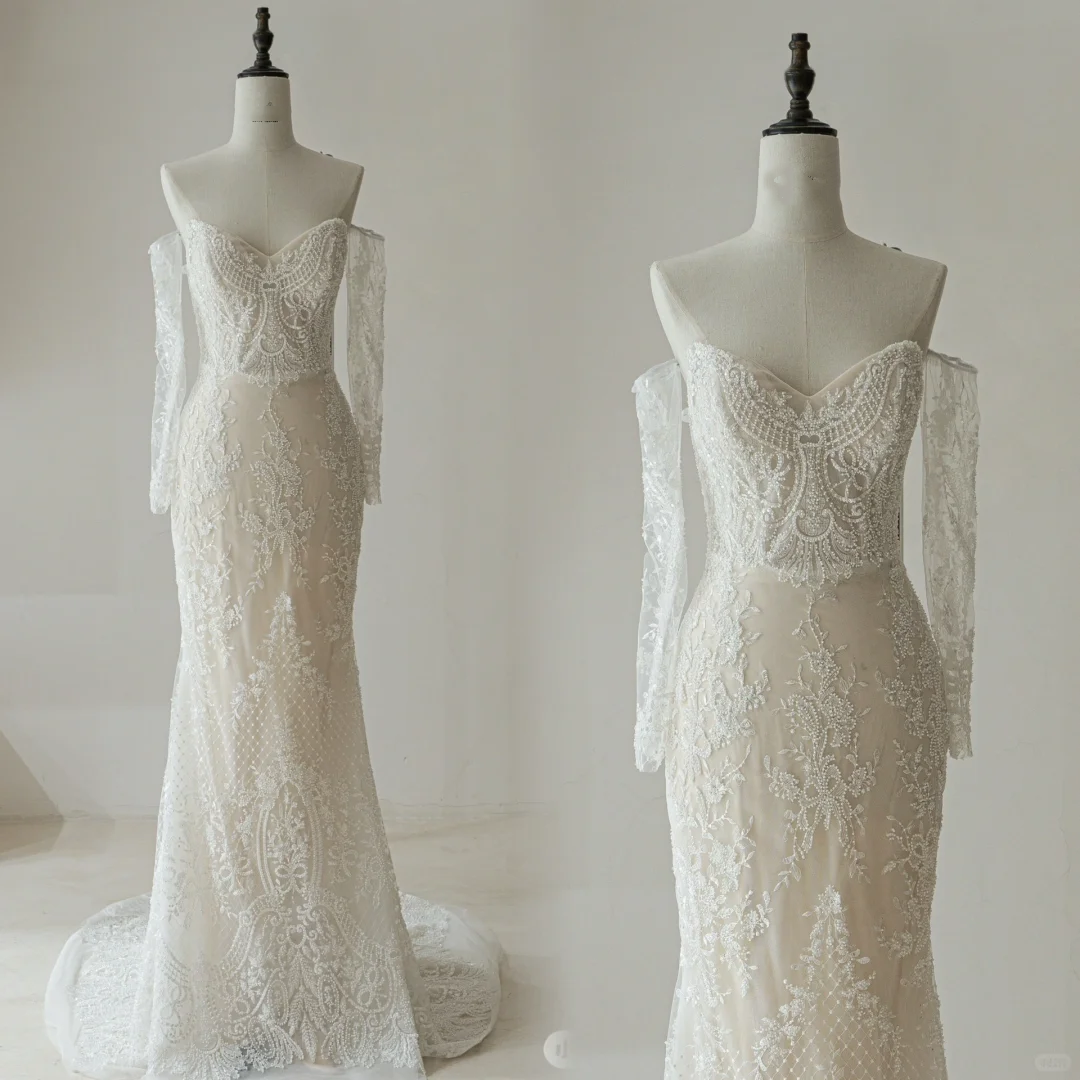 Modest Mermaid Off The Shoulder Fitted Corset Lace Long Sleeve Fit and Flare Wedding Dress Bridal Gown Wedding Gowns R1612
