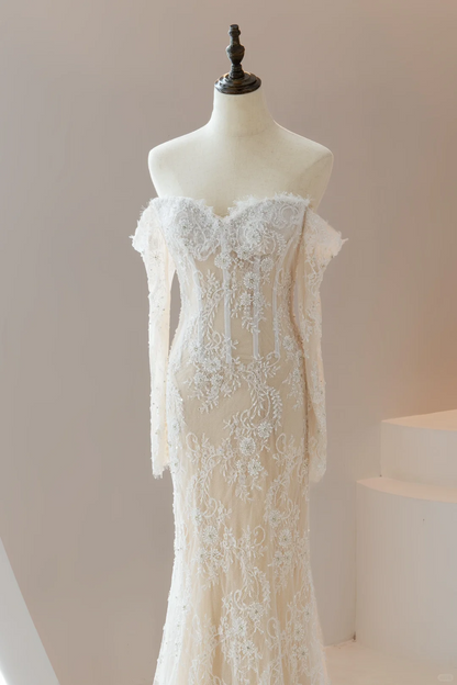 Stunning Mermaid Off The Shoulder Fitted Corset Lace Long Sleeve Wedding Dress Bridal Gown Wedding Gowns RB1612