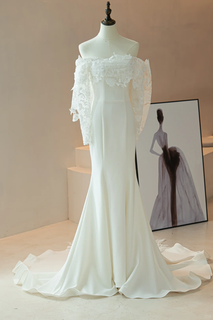 Modest Mermaid Off The Shoulder Fitted Corset Lace Long Sleeve Fit and Flare Wedding Dresses Bridal Gown Wedding Gowns RB1616