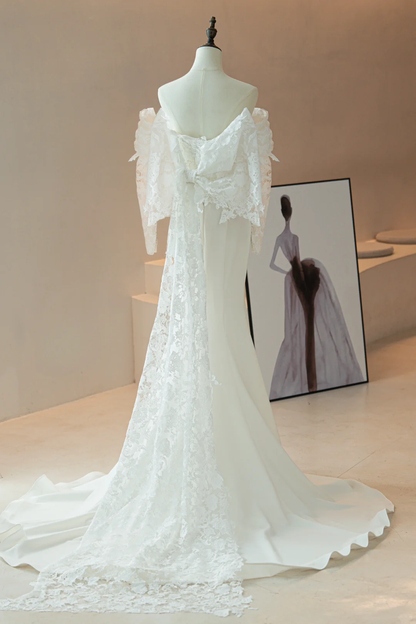 Modest Mermaid Off The Shoulder Fitted Corset Lace Long Sleeve Fit and Flare Wedding Dresses Bridal Gown Wedding Gowns RB1616
