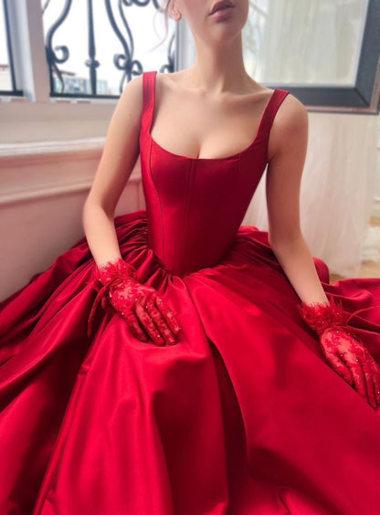 Timeless A Line Square Neck Red Satin Slit Long Prom Dresses For Teens Formal Dress Birthday Outfits Prom Gowns RB1618