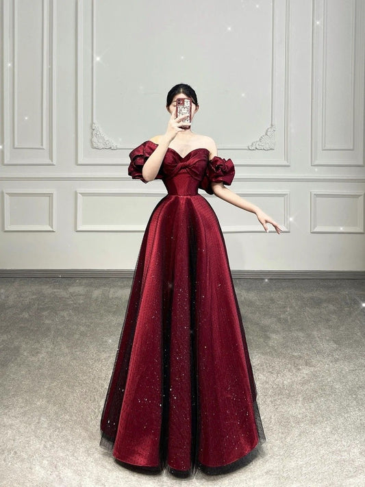 Charming Ball Gown Off The Shoulder Burgundy Tulle Long Prom Dresses Impress 18th Birthday Outfits Prom Gown RB1619