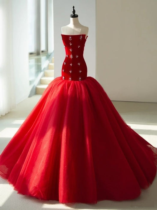 Modest Mermaid Strapless Red Tulle Long Prom Dresses For Teens Formal Dress 20th Birthday Outfits Prom Gown RB1624