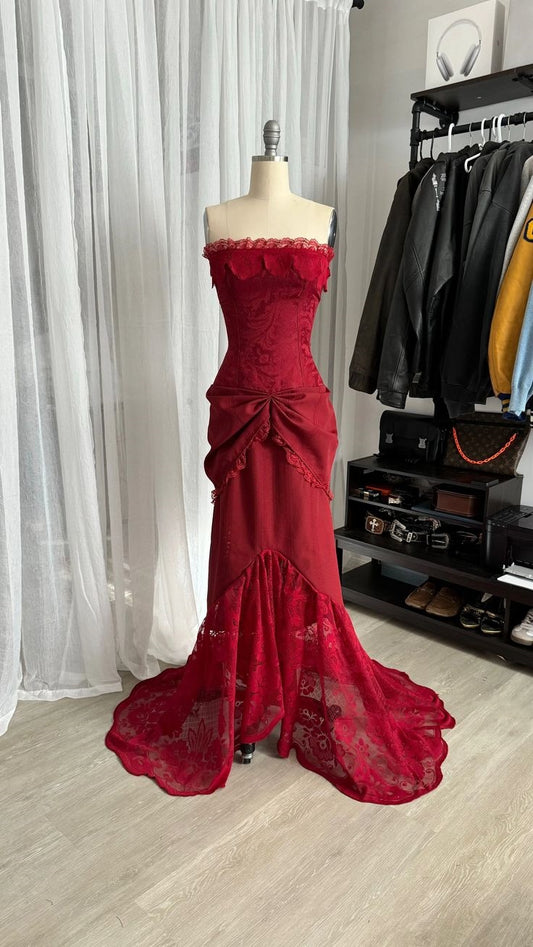 Elegant Mermaid Strapless Burgundy Lace Long Prom Dresses For Teens Formal Dress 20th Birthday Outfits Prom Gown RB1625