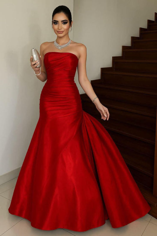 Timeless Mermaid Strapless Red Satin Long Prom Dresses For Teens Formal Dress 20th Birthday Outfits Prom Gown RB1630