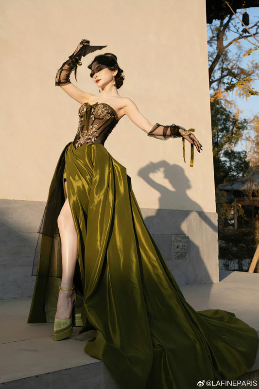 Chic Sheath Strapless Burgundy Satin With Lace Olive Green Long Prom Dresses Impress 18th Birthday Outfits Prom Gown RB1639