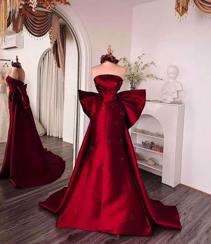 Chic Mermaid Strapless Burgundy Satin With Bow Long Prom Dresses Impress 18th Birthday Outfits Prom Gown RB1645