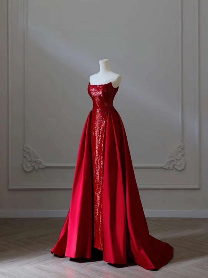 Sexy Mermaid Strapless Red Sequin With Bow Long Prom Dresses Impress 18th Birthday Outfits Prom Gown RB1646