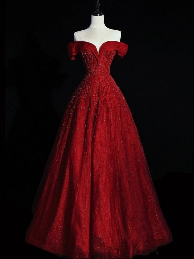 Charming Ball Gown Off The Shoulder Red Tulle Long Prom Dresses Impress 18th Birthday Outfits Prom Gown RB1648