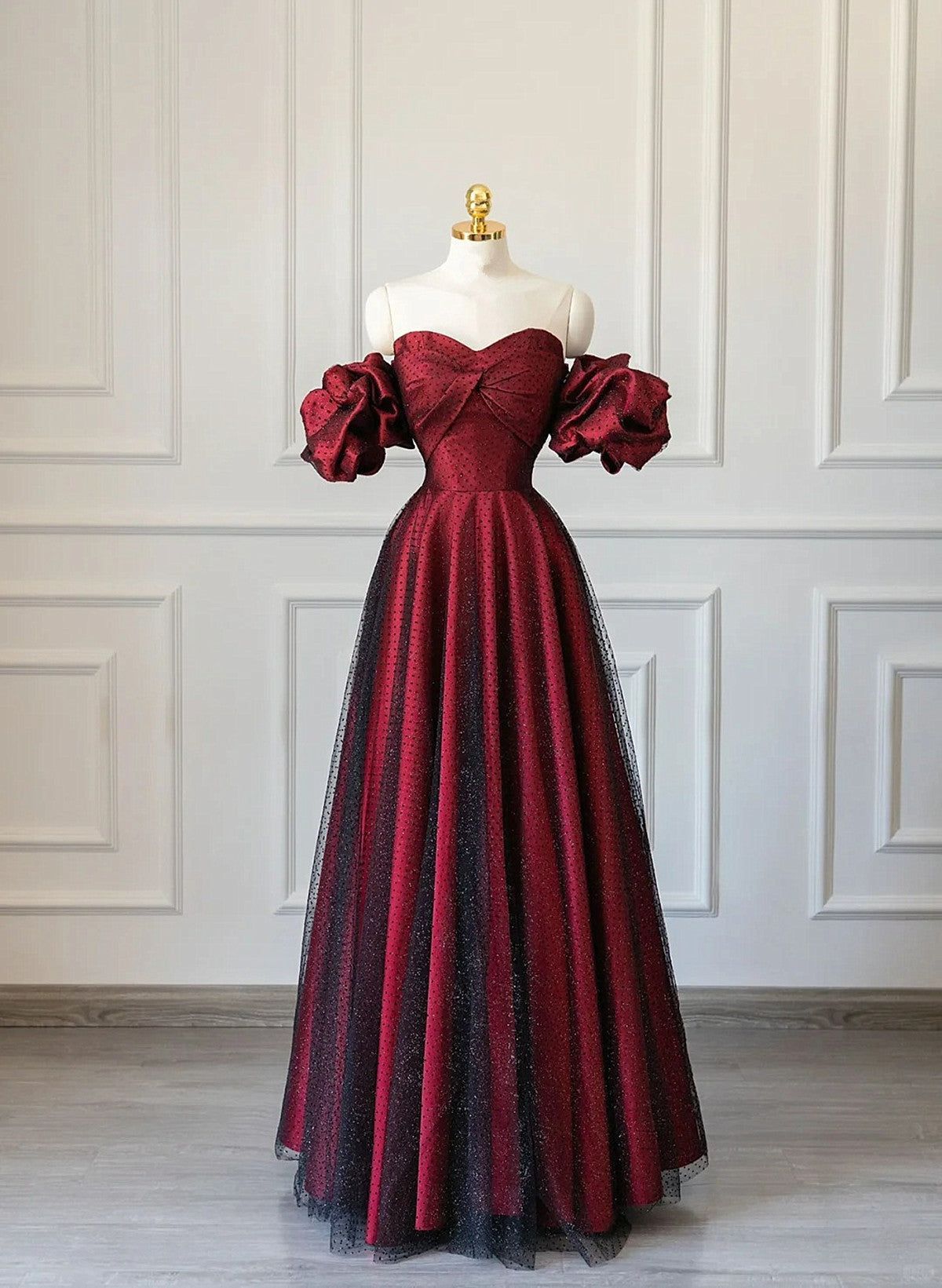 Modest Ball Gown Off The Shoulder Burgundy Black Tulle Long Prom Dresses Impress 18th Birthday Outfits Prom Gown RB1650