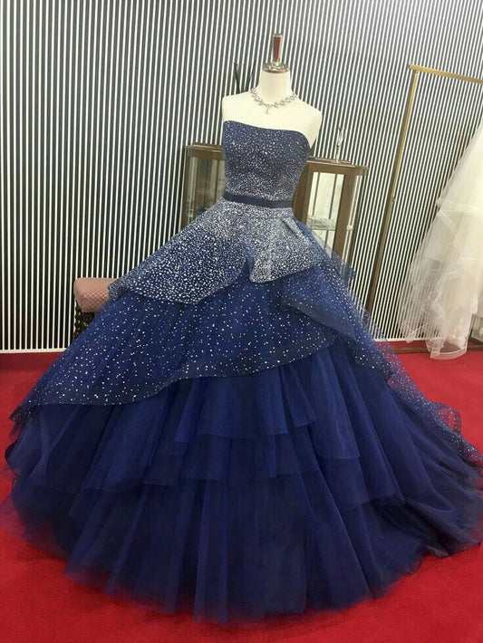 Princess Quinceanera Dresses Ball Gown Strapless Navy Blue Tulle Quince Outfits Vestidos De 15 Anos Formal Long Sweet 16 Dress RB1659