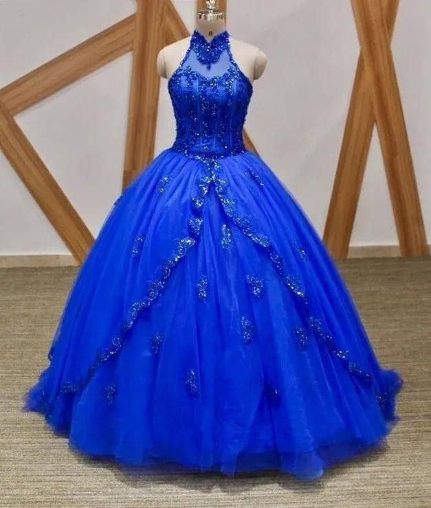 Modest Quinceanera Dresses Ball Gown High Neck Royal Blue Tulle Quince Gowns Vestidos De 15 Anos Formal Party Long Sweet 16 Dress RB1660