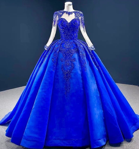 Modest Quinceanera Dresses Ball Gown Scoop Royal Blue Tulle Quince Gowns Vestidos De 15 Anos Formal Long Sweet 16 Dress RB1662