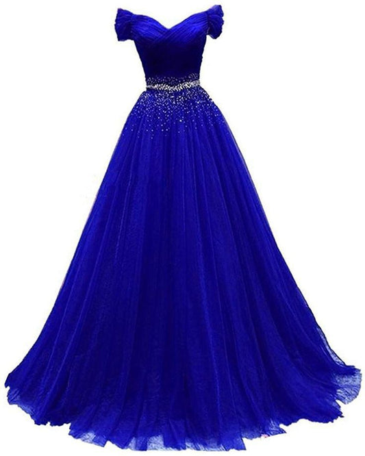 Sexy A line Off The Shoulder Royal Blue Tulle Prom Dresses Long Party Dress 21st Birthday Outfits Graduation Dress RB1663