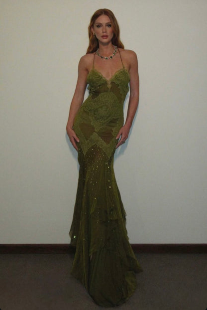Sexy Mermaid Halter Olive Green Lace Backless Long Prom Dresses Impress 20th Birthday Outfits Prom Gown RB1667