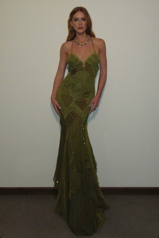 Sexy Mermaid Halter Olive Green Lace Backless Long Prom Dresses Impress 20th Birthday Outfits Prom Gown RB1667