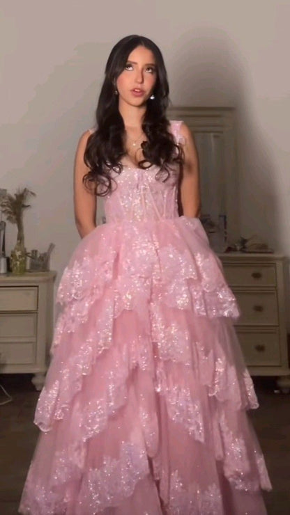Cute Ball Gown Sweetheart Pink Lace Long Prom Dresses Impress 20th Birthday Outfits Prom Gown RB1670